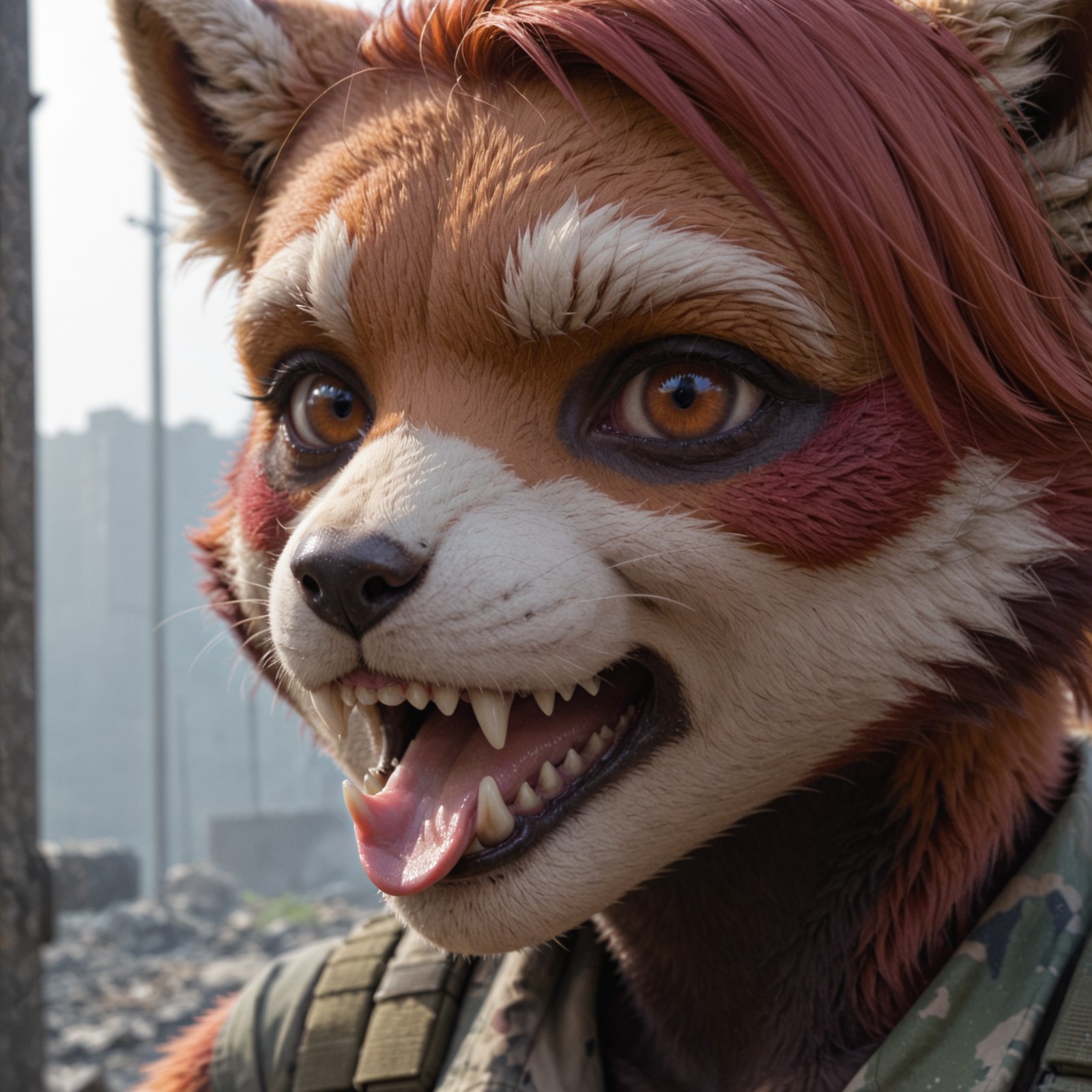 closeup,photo,face portrait, anthro red panda , female,soldier , post apocalyptic, natural light, fangs, tongue